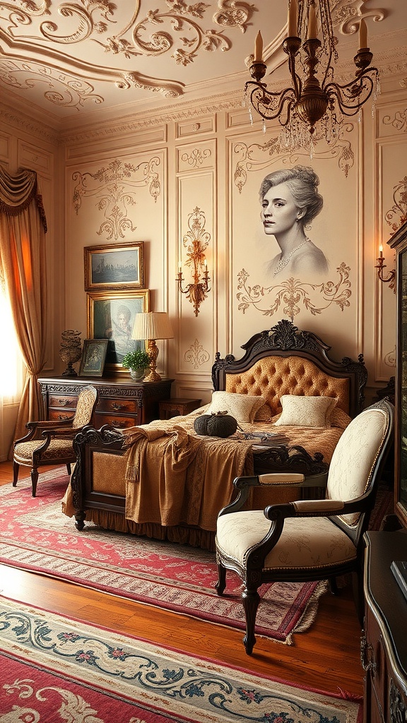 A Victorian-style bedroom featuring ornate wall detailing, a tufted bed, antique furniture, and luxurious drapes.