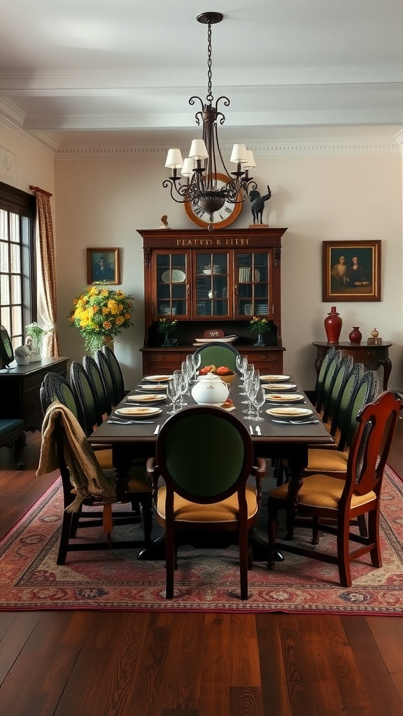 A traditional Colonial dining room with a large wooden table set for a meal, featuring a chandelier, floral arrangement, and display cabinet.