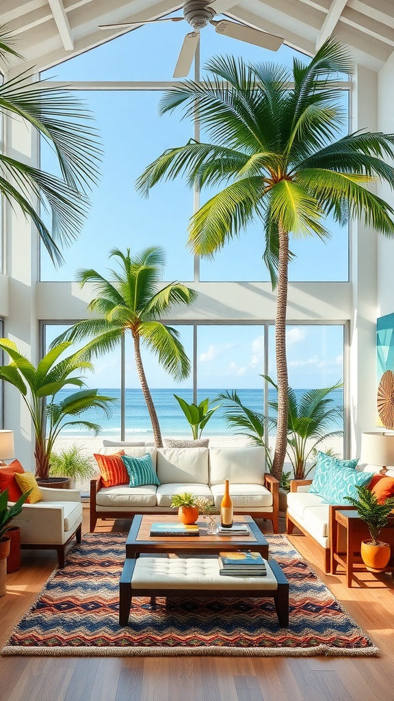 Bright tropical living room with palm trees and ocean view