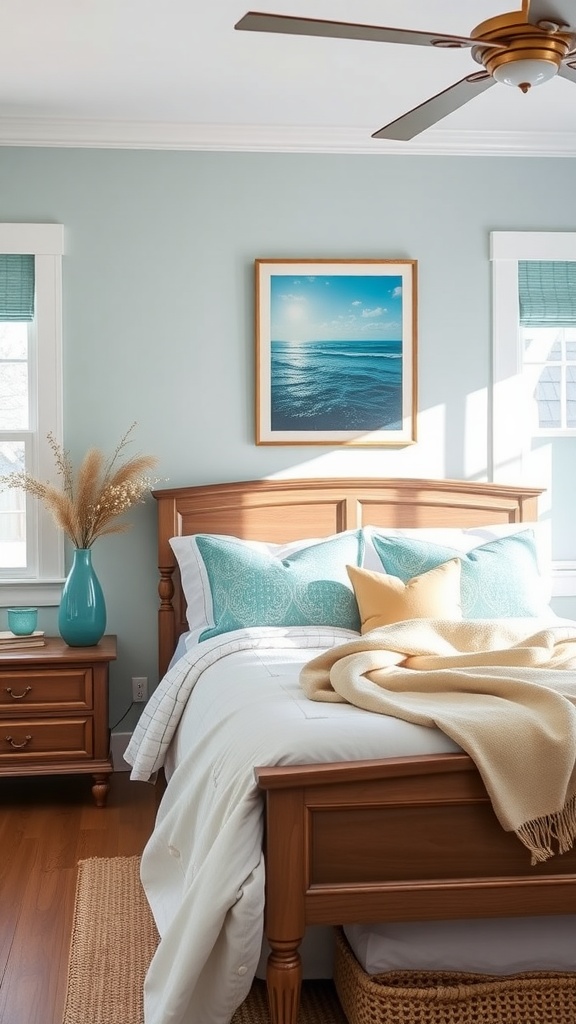 Modern farmhouse bedroom with turquoise accents