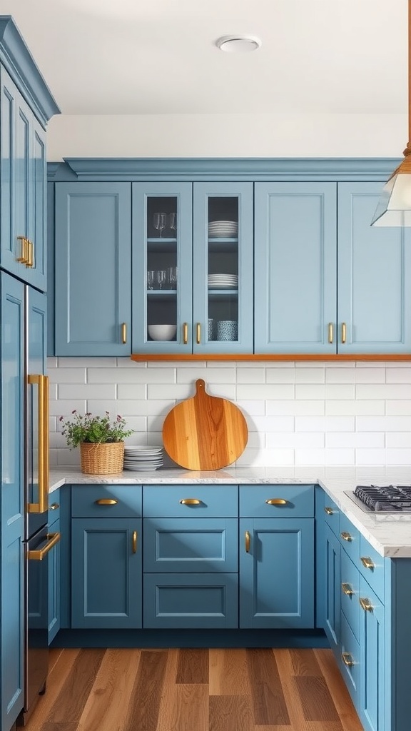 A modern farmhouse kitchen featuring two-tone blue cabinets with brass hardware and white subway tiles.