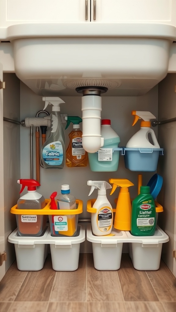 Organized under-sink storage with cleaning products in labeled bins.