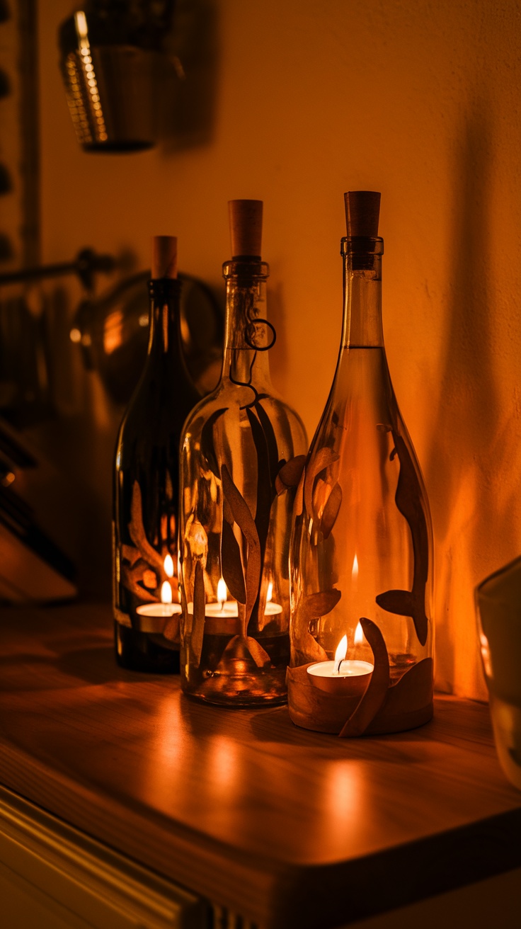 A table setting with upcycled wine bottle candle holders and small candles