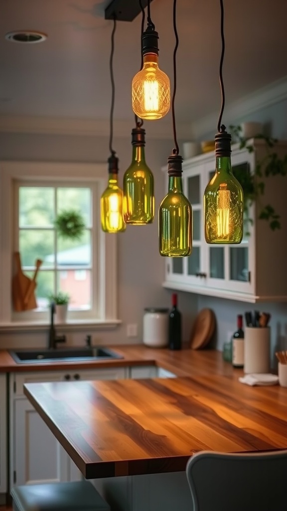 Hanging light fixtures made from upcycled green wine bottles in a cozy kitchen setting