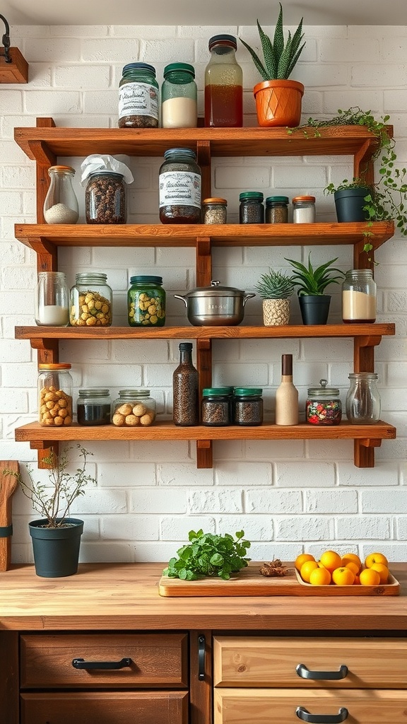 Upcycled wooden pallet shelves displaying jars and plants in a kitchen setting