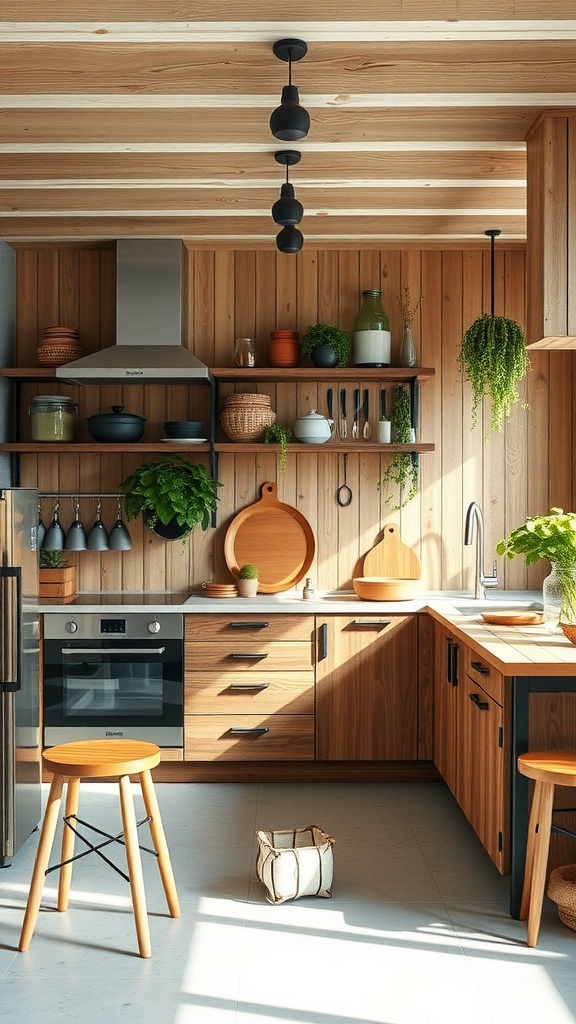 A Scandinavian kitchen featuring wooden cabinetry, natural light, and plants, emphasizing sustainable materials and eco-friendly design.