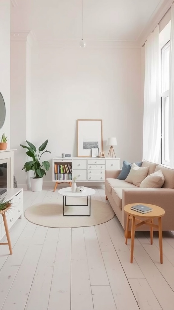 A cozy Scandinavian living room featuring soft pastel colors, including a sofa with cushions, a round coffee table, and a plant.