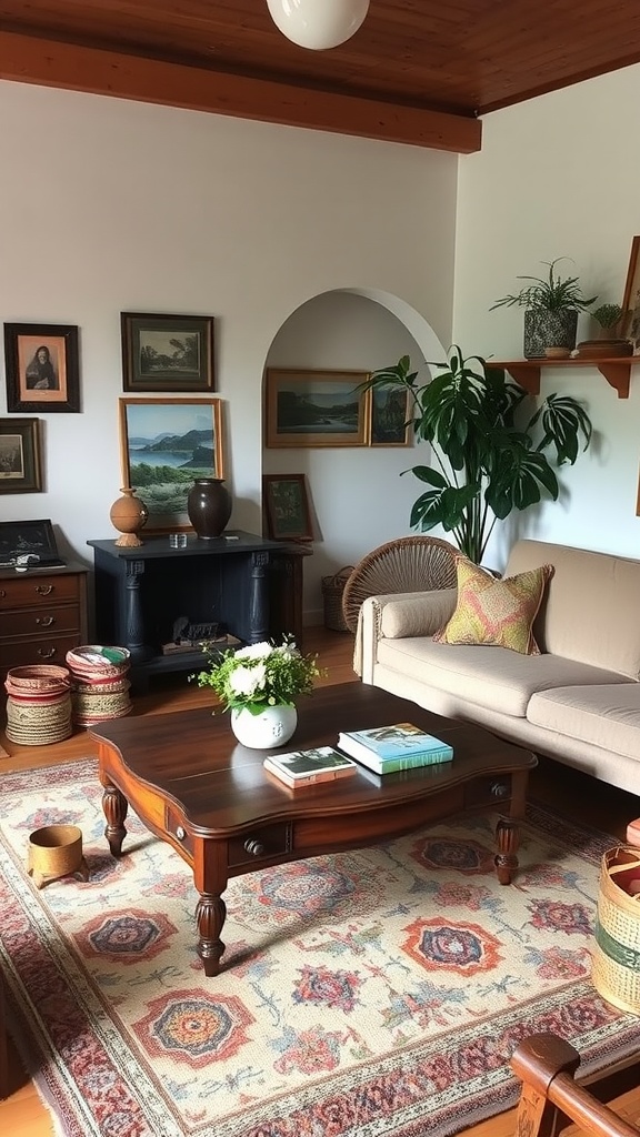 A cozy living room decorated with vintage items, including framed portraits, a coffee table with flowers, and a mix of furniture styles.