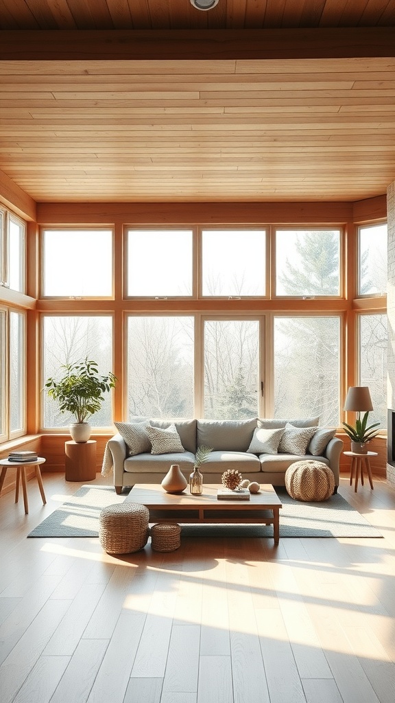 A Scandinavian living room with large windows allowing natural light to fill the space, featuring a comfortable sofa, wooden furniture, and a cozy atmosphere.
