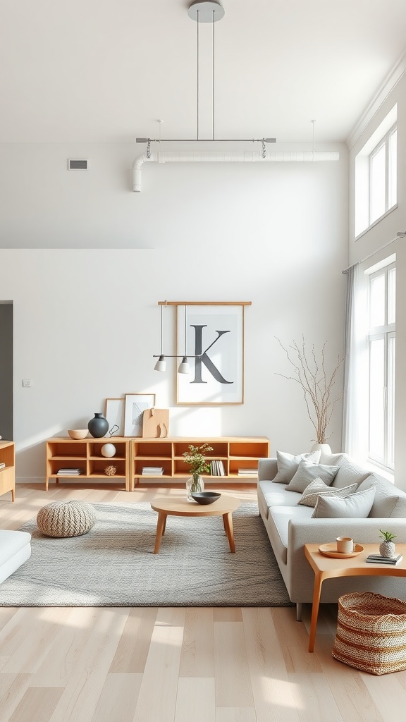 Cozy Scandinavian living room with open spaces, light colors, and minimalistic furniture.
