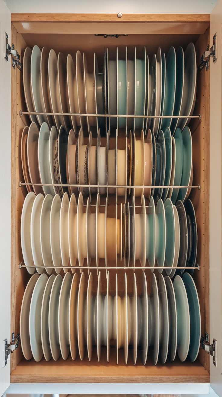 A wooden cabinet with neatly stacked plates organized vertically.