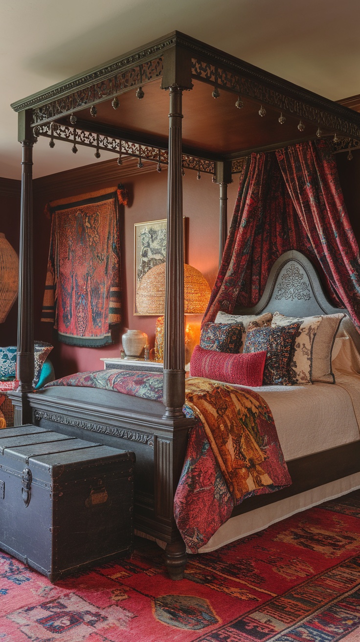 A cozy bedroom showcasing a fusion of Victorian and Bohemian styles with purple walls, vintage portraits, and eclectic textiles.