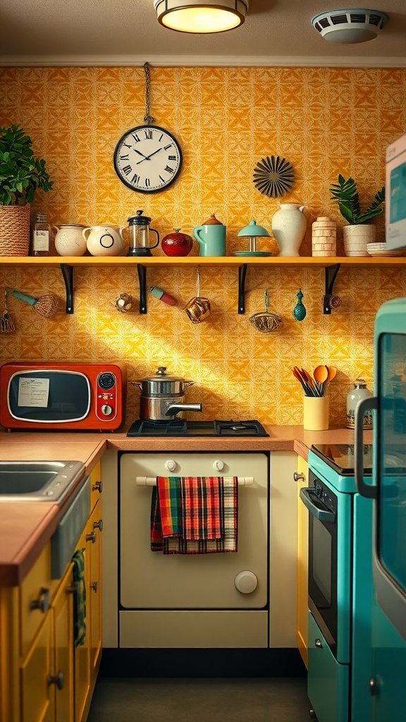 A vintage-inspired kitchen featuring a yellow tile backdrop, cheerful cabinets, and retro appliances.