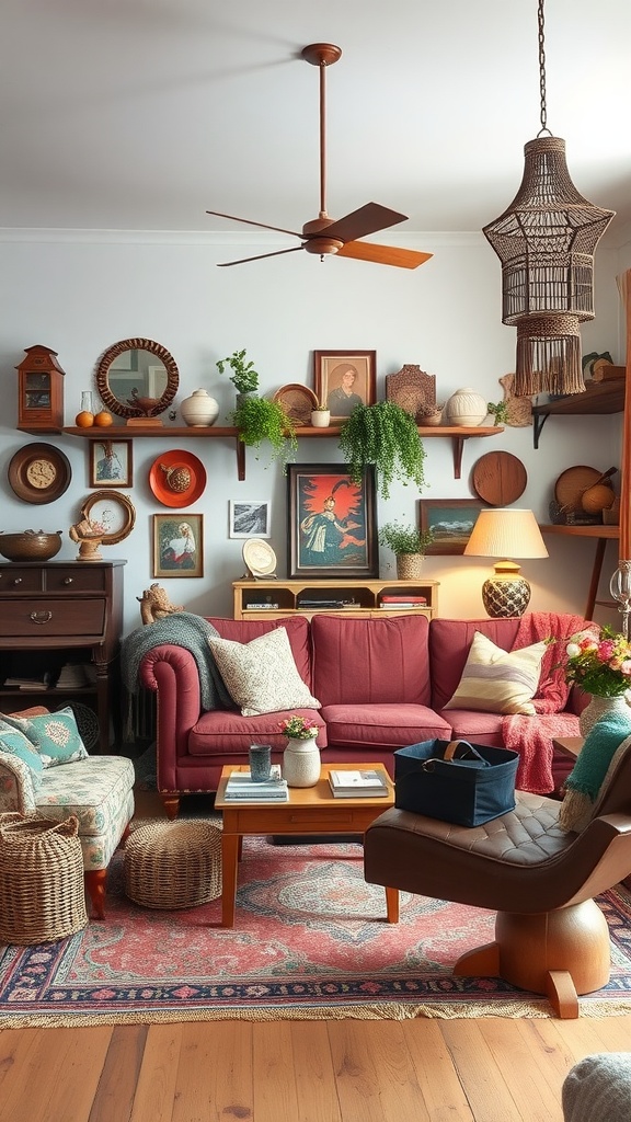 Cozy boho living room with vintage decor and accessories