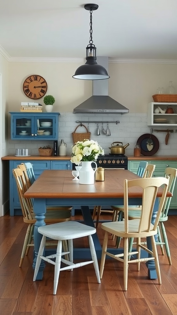 A vintage blue farmhouse table surrounded by mismatched chairs in a modern kitchen.