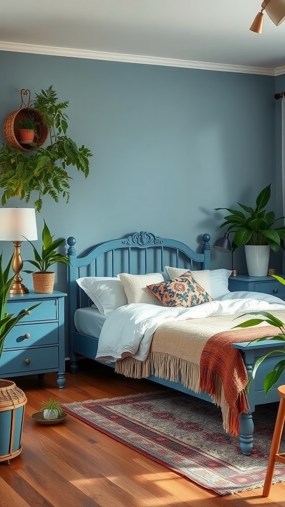 A cozy boho bedroom featuring vintage blue furniture, plants, and warm lighting.