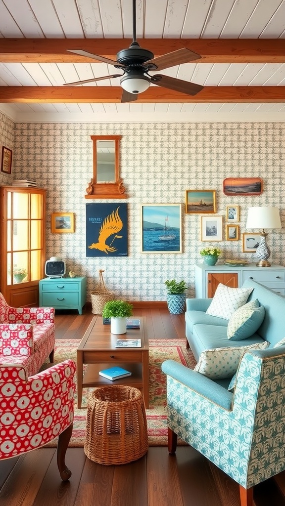 A cozy living room featuring vintage coastal design with retro patterns, including colorful chairs, a blue sofa, and nautical-themed wall art.