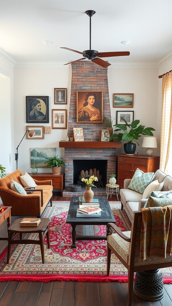 A boho living room featuring vintage furniture, art, and a colorful rug.