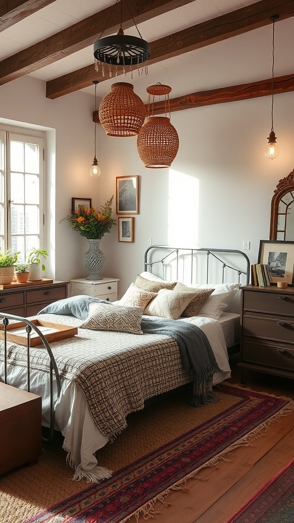 A cozy boho bedroom featuring vintage furniture, patterned textiles, and warm lighting.