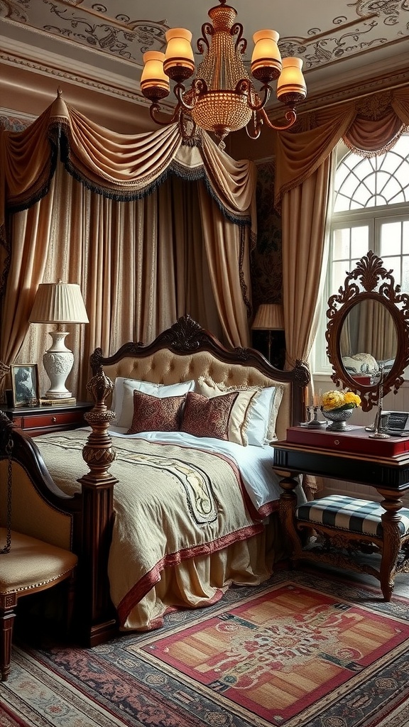 A vintage glam bedroom featuring rich textures, ornate furniture, and elegant decor.