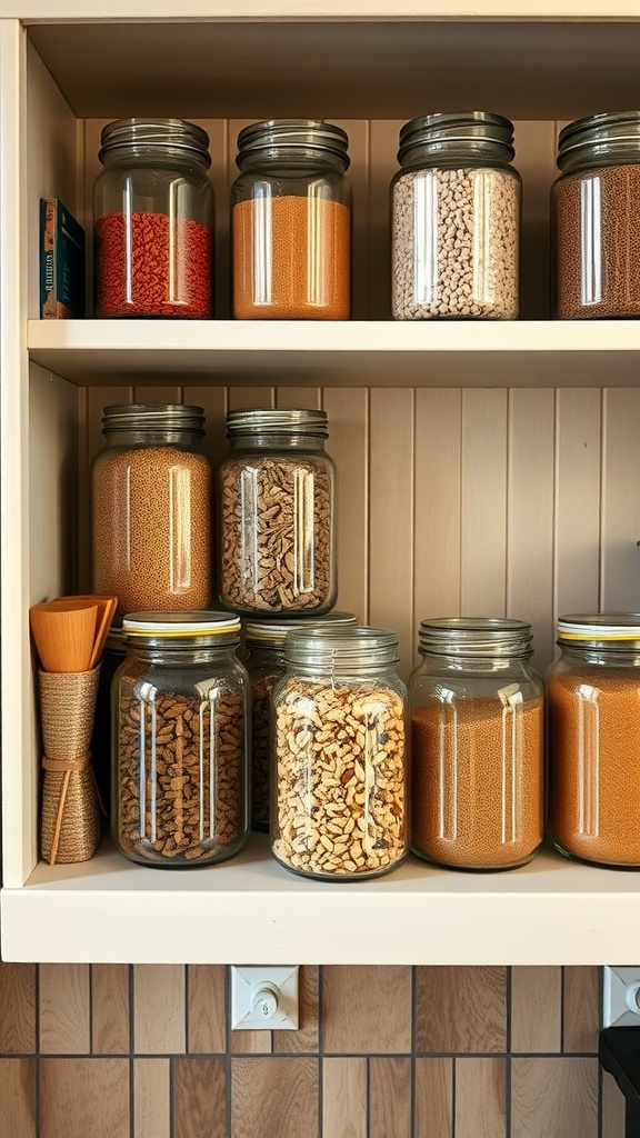 A shelf filled with vintage glass jars of various sizes containing colorful ingredients.