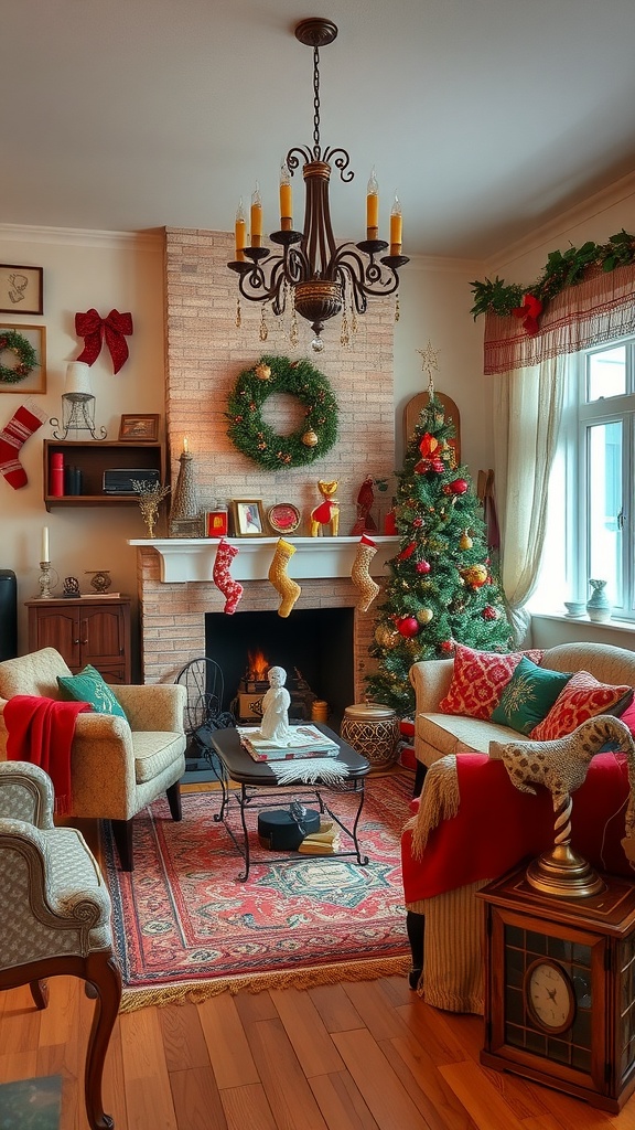 A vintage styled living room decorated for the holiday season with a Christmas tree, stockings, and warm lighting.