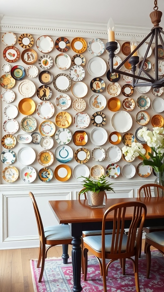 A wall decorated with various vintage plates in a kitchen setting