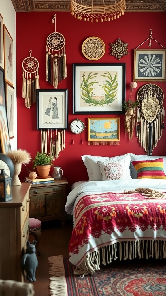 A cozy bedroom featuring a vintage red accent wall adorned with various artworks and bohemian decor.