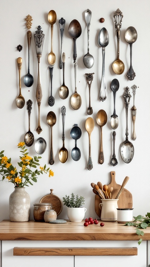 A collection of vintage spoons arranged on a wall for decorative purposes.