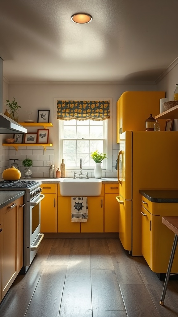 A modern farmhouse kitchen with vibrant yellow appliances, wooden floors, and a bright window.