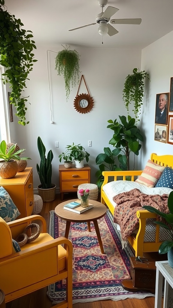 A cozy boho bedroom featuring vintage yellow furniture with plants and decorative items.
