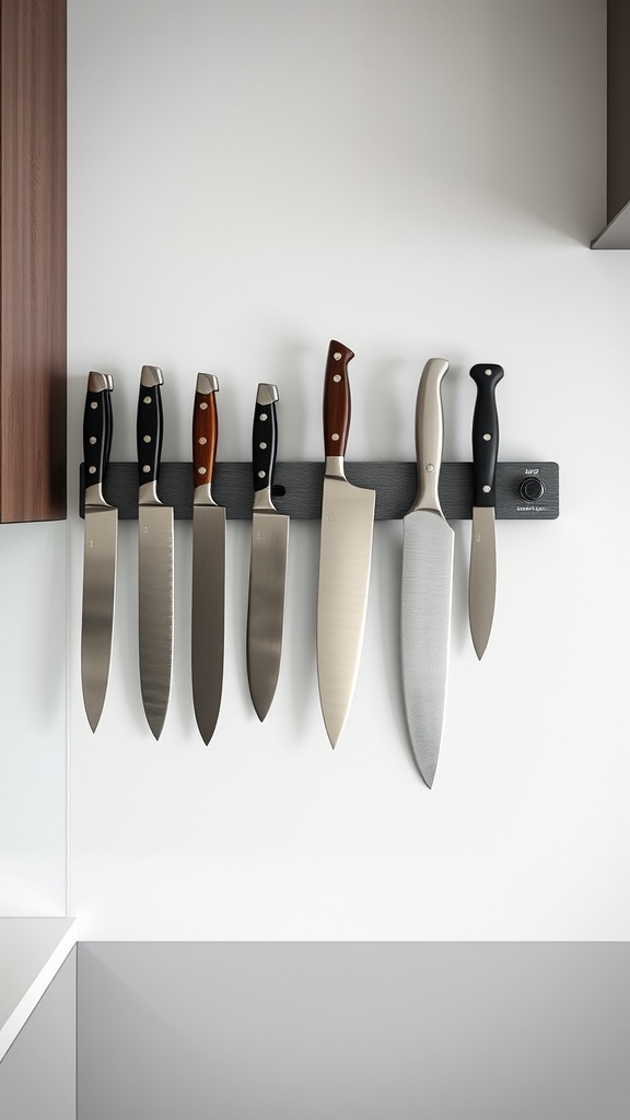 A wall-mounted knife rack displaying various knives.