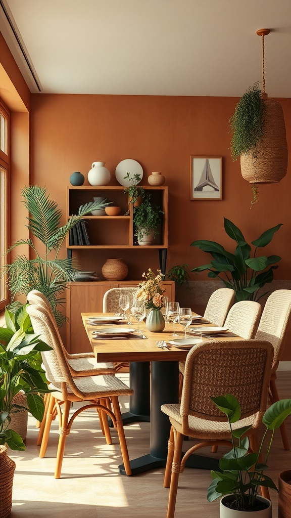 A cozy dining room featuring warm brown walls, a wooden table, and fresh greenery.
