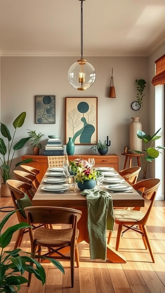 A Japandi-inspired dining room featuring warm earth tones and natural greens, with a wooden table, chairs, and various plants.