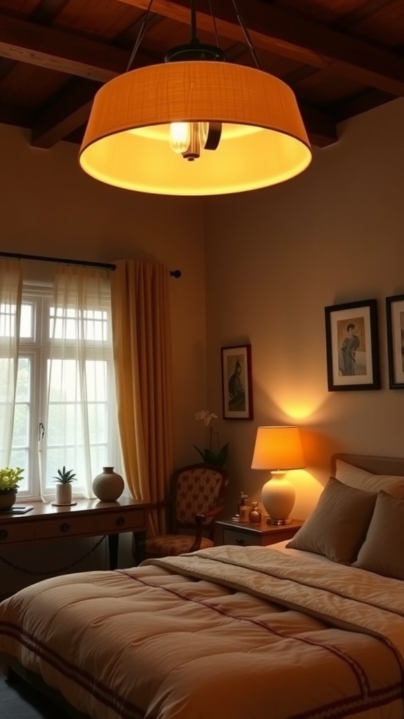 A cozy bedroom with warm lighting fixtures, featuring a pendant light and bedside lamp, showcasing a Japandi design.