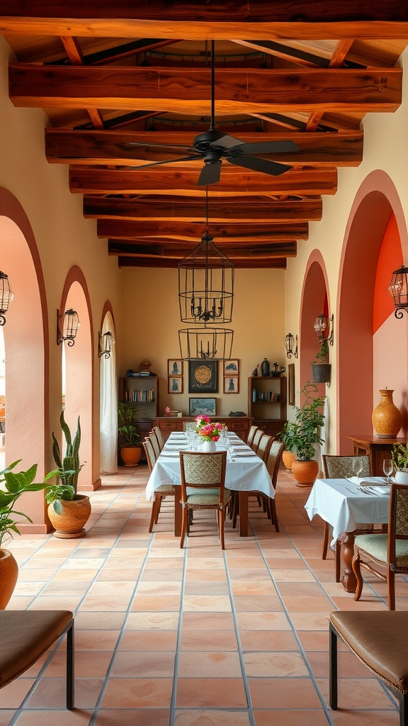A warm Mediterranean dining room with wooden beams, arched doorways, terracotta tile flooring, and a long dining table set for a meal.