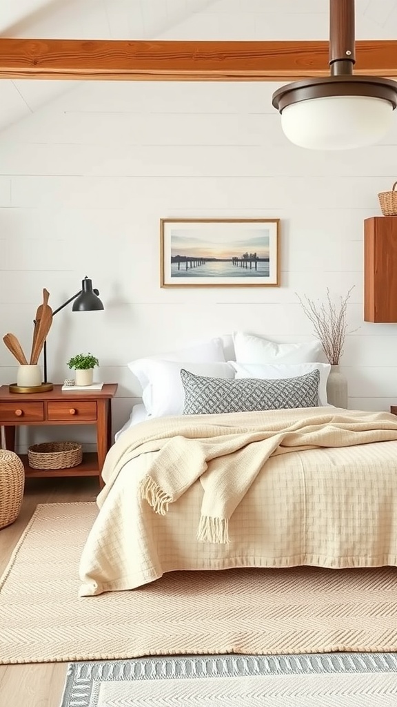 A cozy modern farmhouse bedroom with warm neutral tones, rustic wooden accents, and stylish decor.
