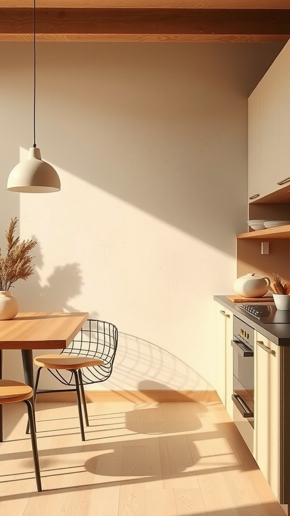 A warm and inviting kitchen with sandy tones and olive accents, featuring a wooden table and stylish chairs.