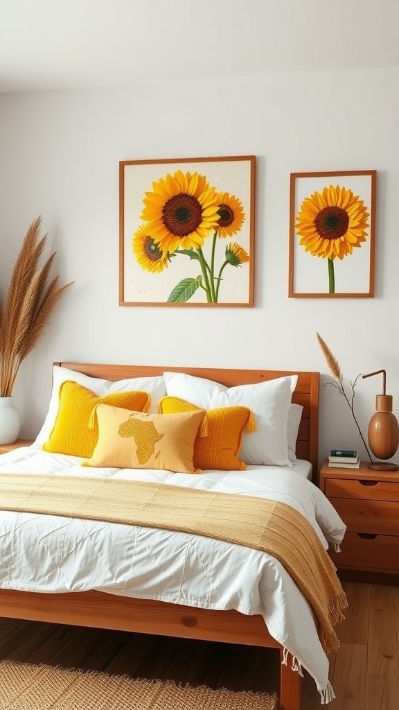 A cozy boho bedroom featuring sunflower art and warm yellow accents.