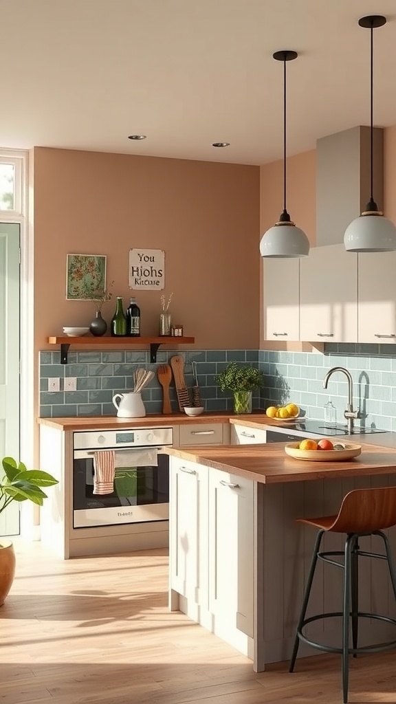 A cozy kitchen featuring warm taupe walls, light cabinetry, wooden countertops, and a blue-green tile backsplash.