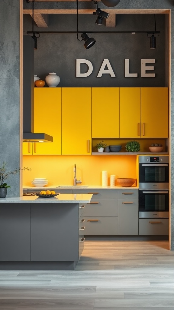 Modern farmhouse kitchen featuring a warm yellow and gray color palette with bright yellow cabinets and gray countertops.