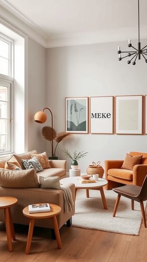 Cozy Scandinavian living room featuring earthy tones and inviting furniture