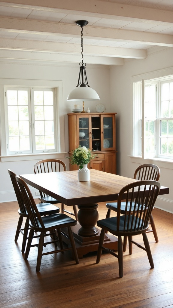 A cozy dining room featuring a wooden table, simple chairs, and natural light from large windows.