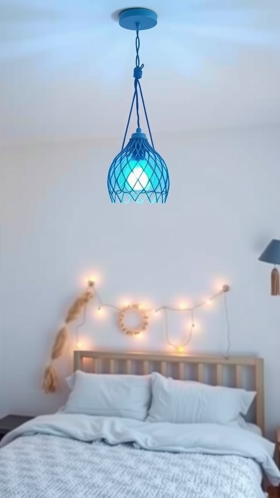 A whimsical blue pendant light hanging above a bed with decorative fairy lights in a boho bedroom.