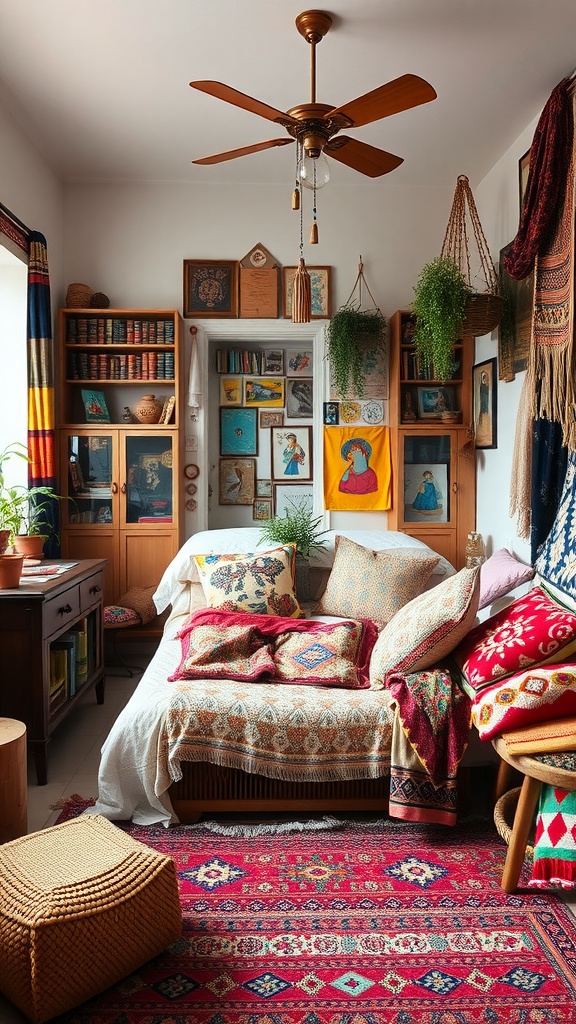 A cozy bohemian bedroom with colorful textiles, plants, and artworks