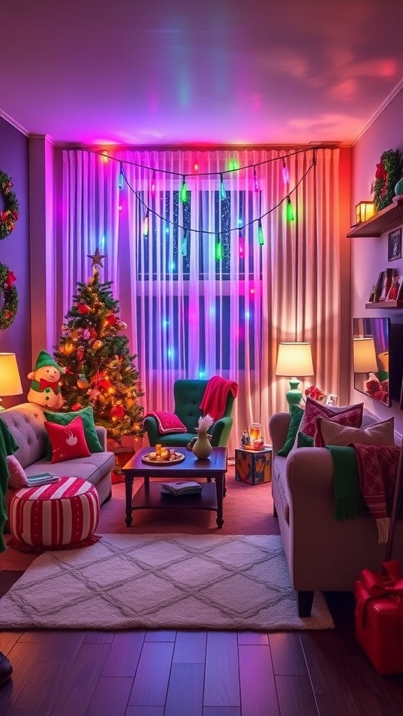 A whimsical elf themed living room decorated for the holidays with colorful lights, a Christmas tree, and festive cushions.