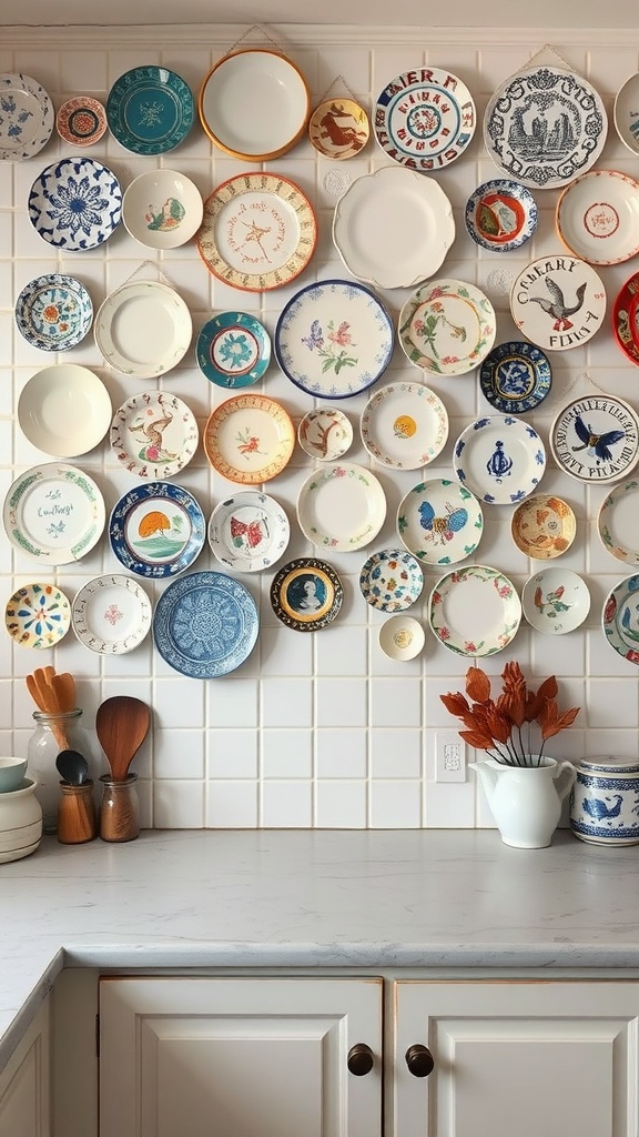 A collection of decorative plates hung on a kitchen wall, showcasing various colors and patterns.