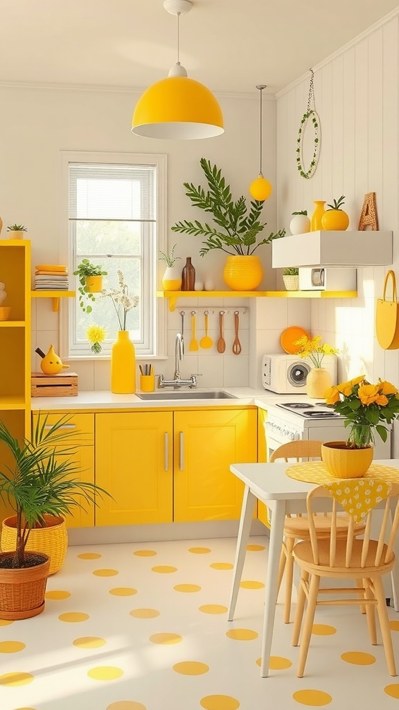 A bright yellow bohemian kitchen with dotted floors and cheerful decor elements