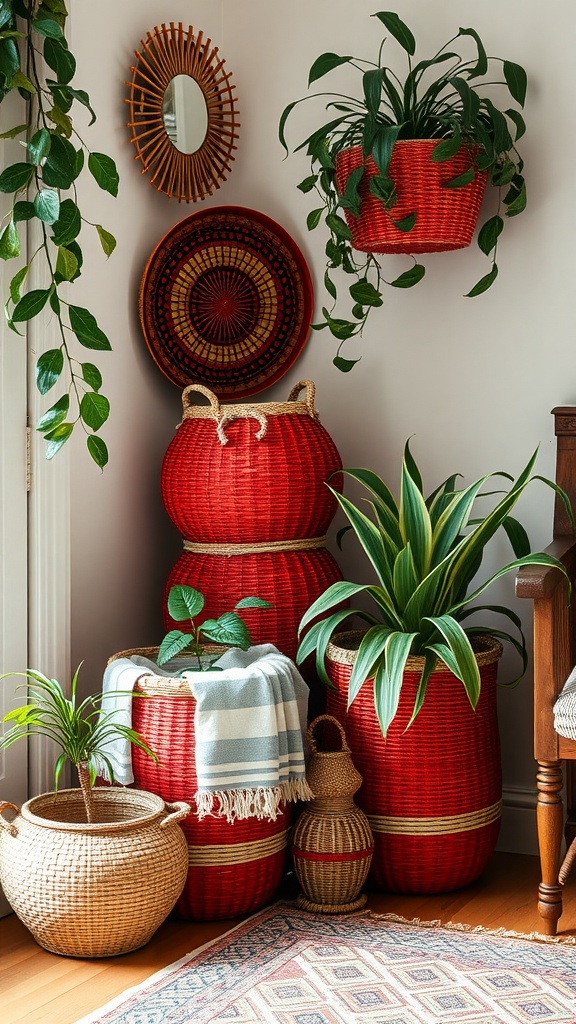 A collection of woven red baskets in a boho bedroom corner with plants and decor.