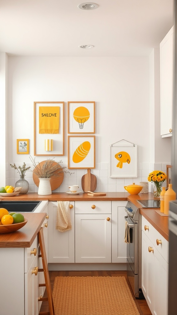 A bright yellow-themed kitchen with cheerful artwork and natural decor.